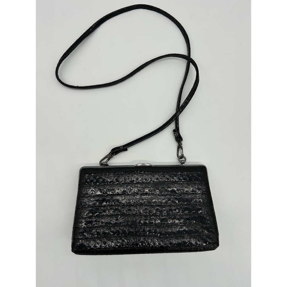 Vintage Black Faux Alligator Frame Purse Crossbody Bag Clutch Retro 60s 70s